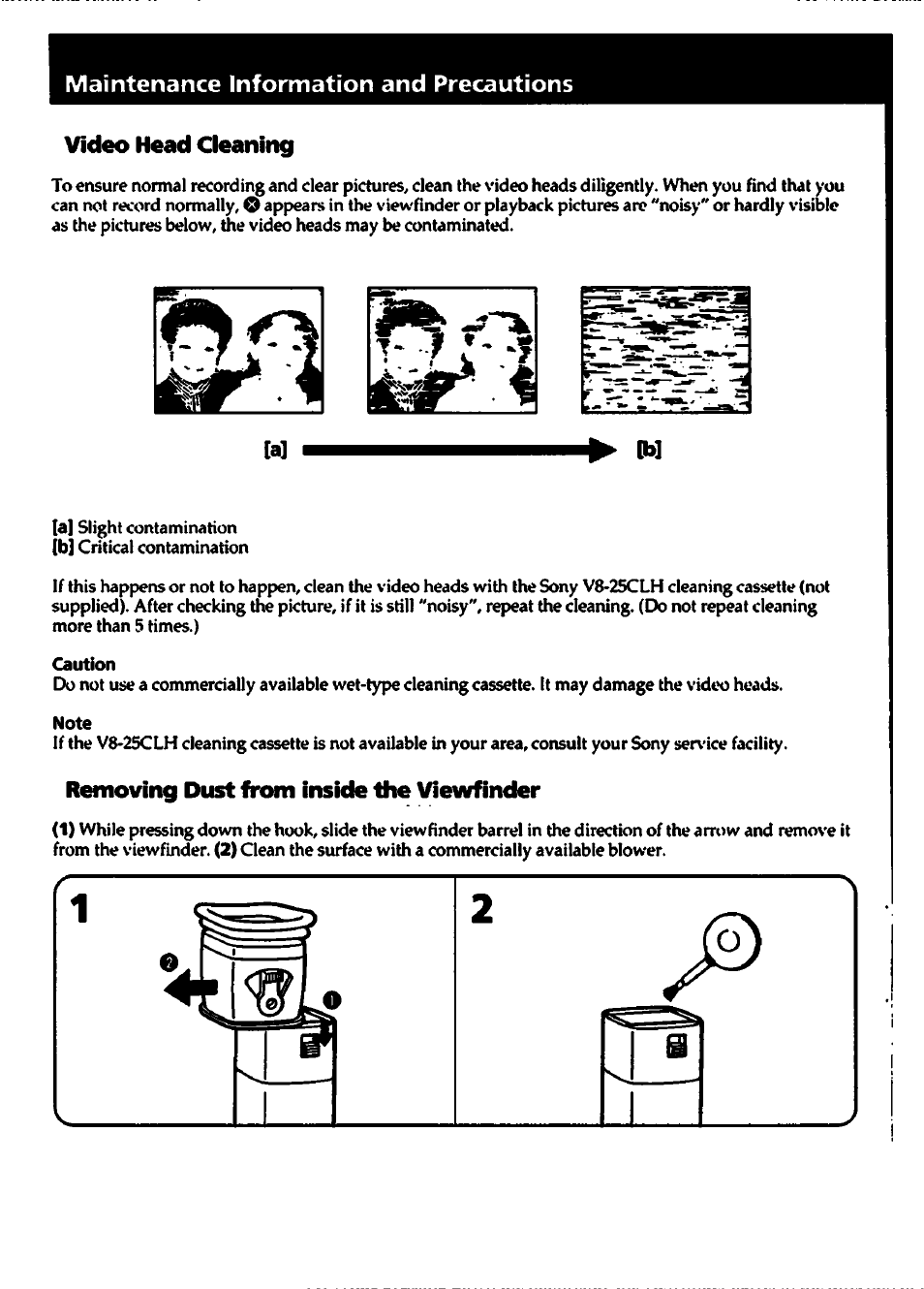 Video head cleaning, Removing dust from inside the viewfinder | Sony CCD-TR700 User Manual | Page 50 / 64