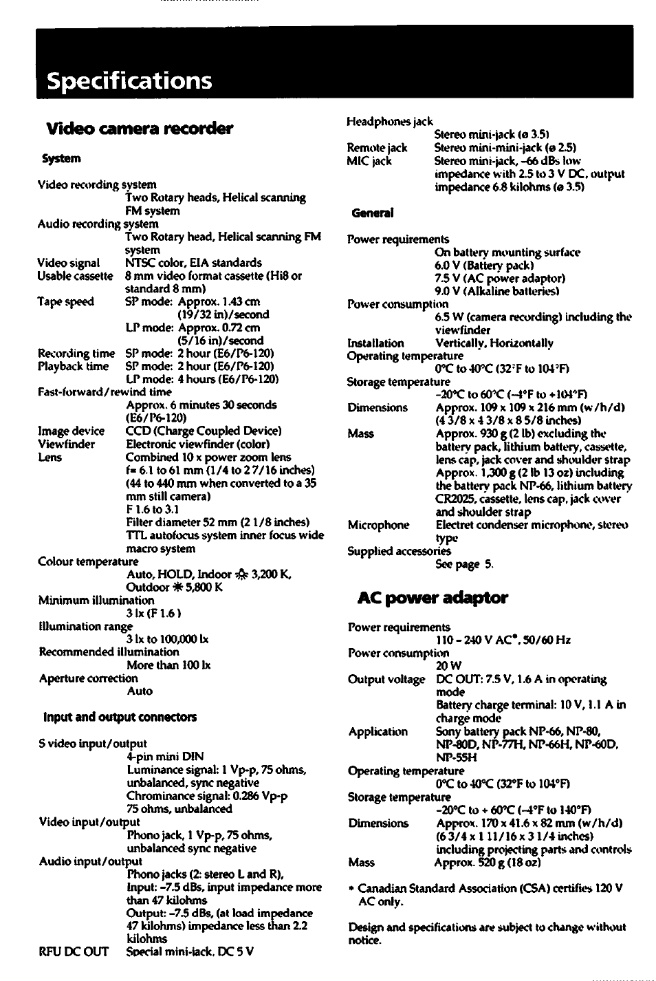 Specifications, Video camera recorder, Ac power adaptor | Sony CCD-TR700 User Manual | Page 56 / 64