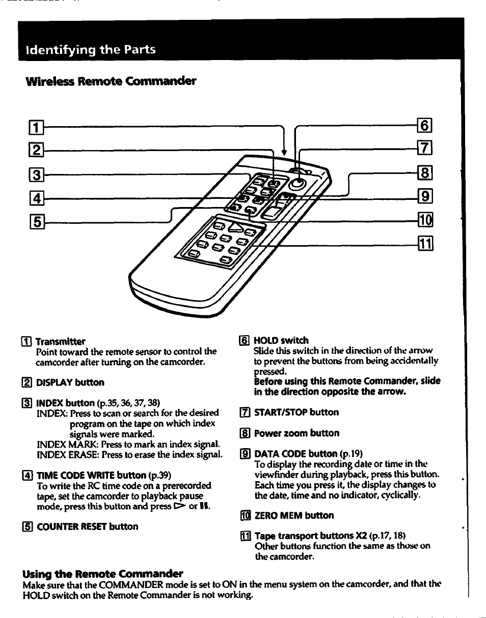 Wireless remote commander, Using the remote commander, Identifying the parts | Sony CCD-TR700 User Manual | Page 60 / 64