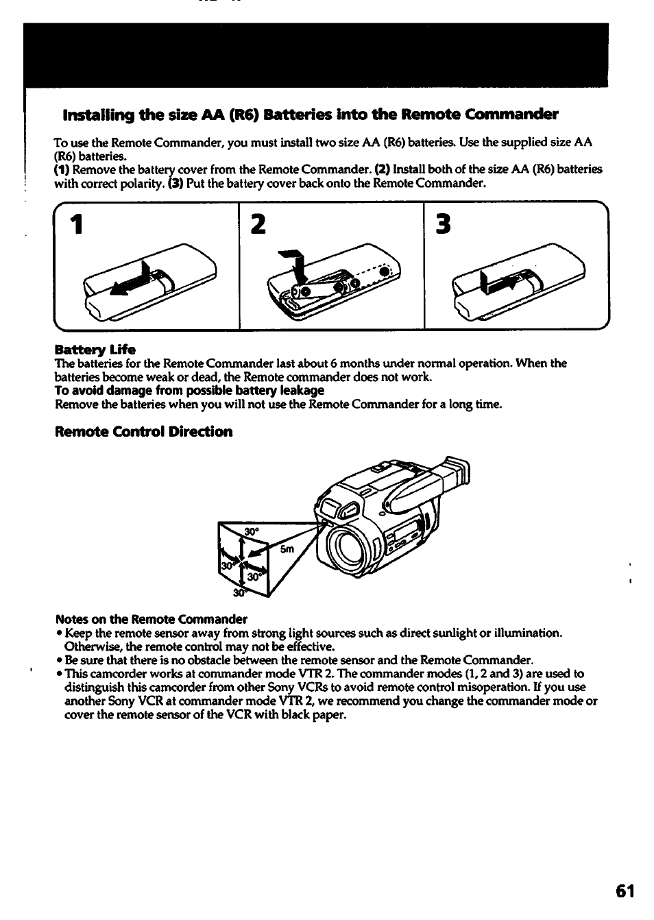 Battery life, To avoid damage from possible battery leakage, Remote control direction | Notes on the remote commander | Sony CCD-TR700 User Manual | Page 61 / 64
