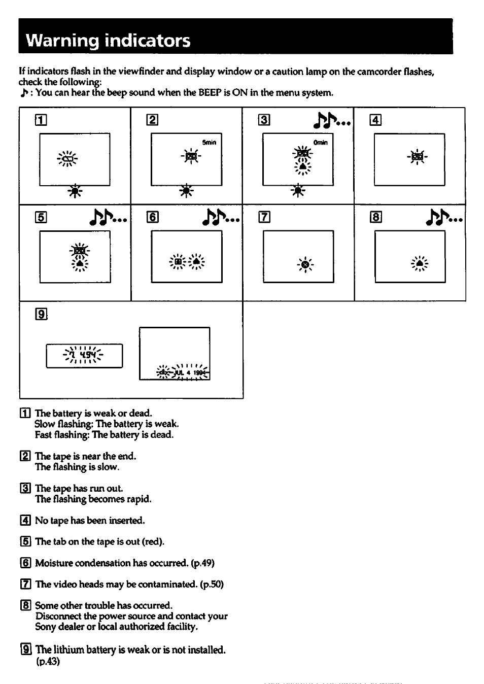 Warning indicators | Sony CCD-TR700 User Manual | Page 63 / 64