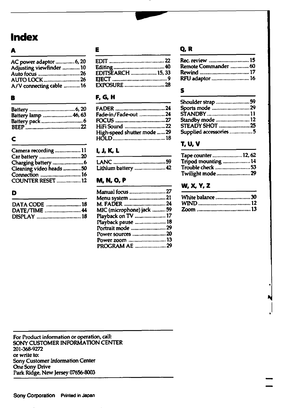 Index | Sony CCD-TR700 User Manual | Page 64 / 64