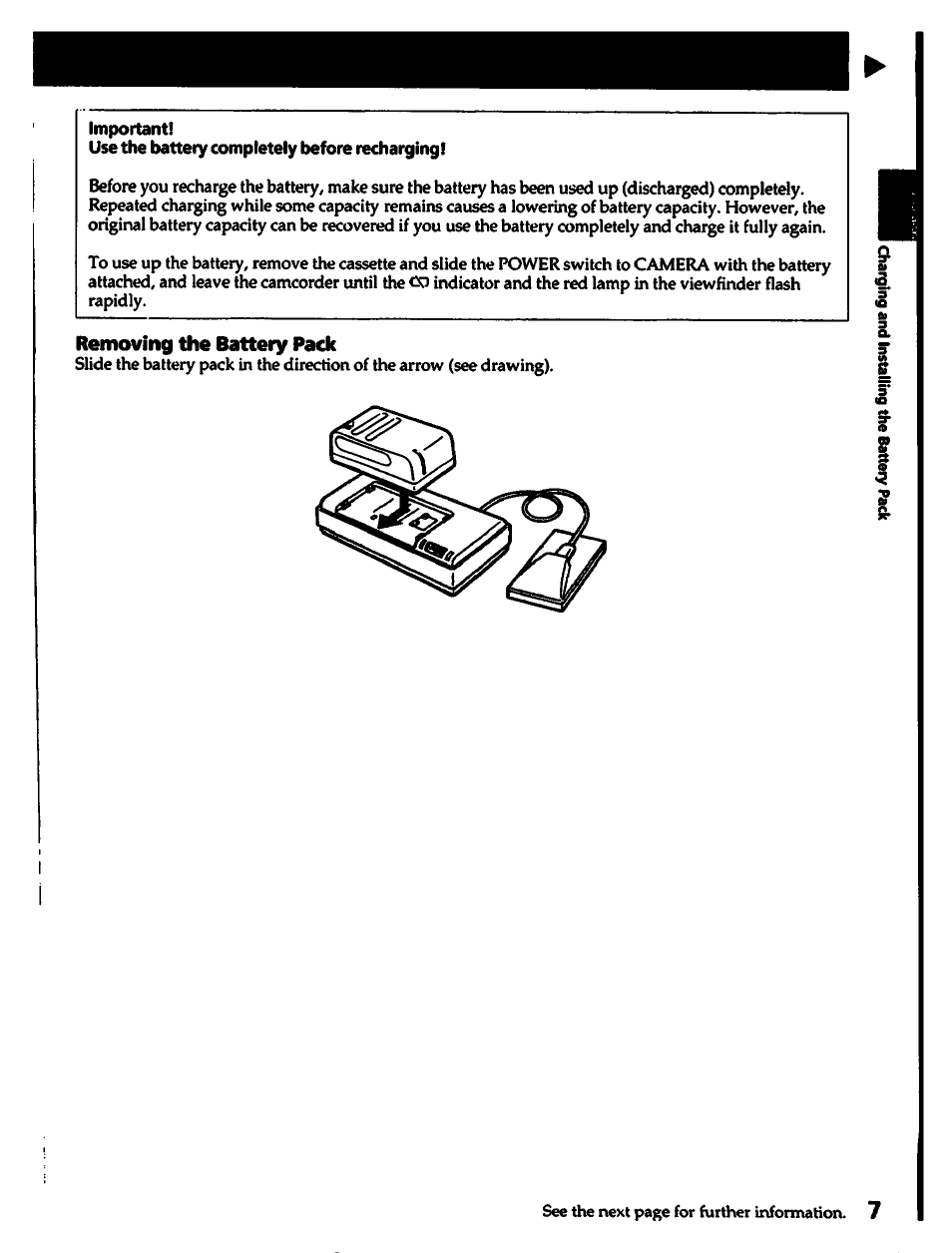 Important, Use the battery completely before recharging, Removing the battery pack | Sony CCD-TR700 User Manual | Page 7 / 64