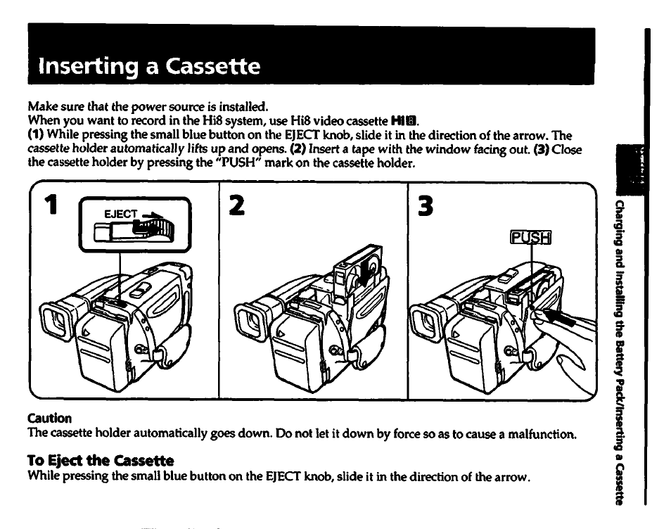 Inserting a cassette, Caution, To eject the cassette | Sony CCD-TR700 User Manual | Page 9 / 64