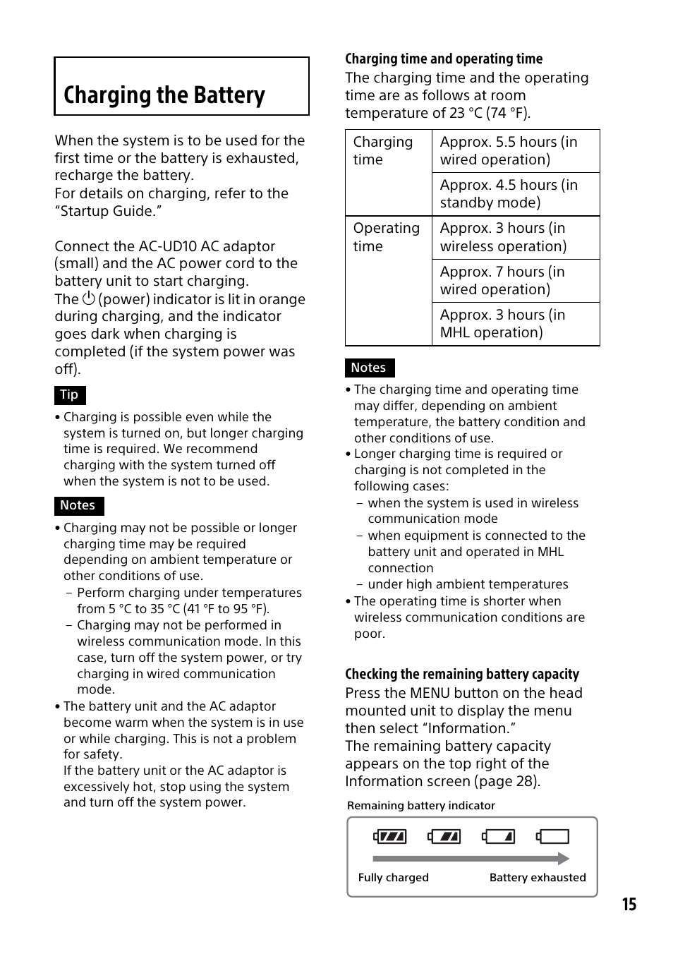 Charging the battery | Sony HMZ-T3W User Manual | Page 15 / 52