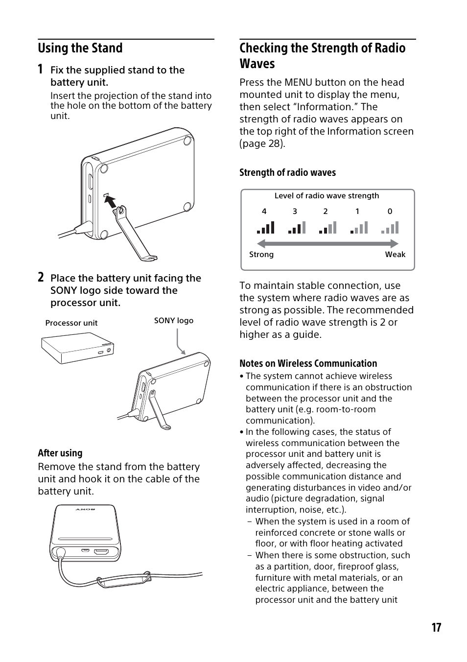 Using the stand 1, Checking the strength of radio waves | Sony HMZ-T3W User Manual | Page 17 / 52