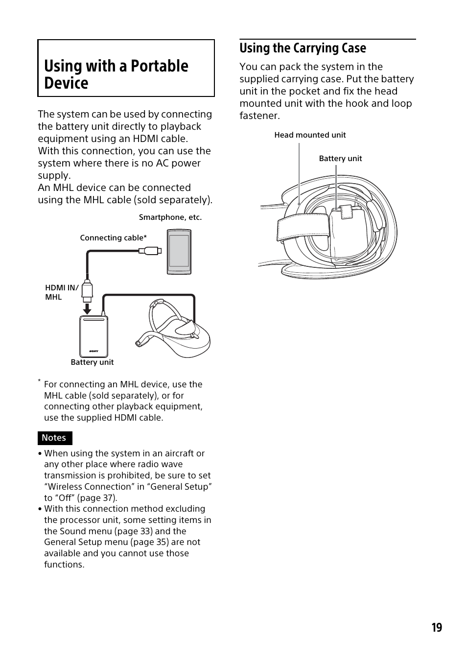 Using with a portable device, Using the carrying case | Sony HMZ-T3W User Manual | Page 19 / 52