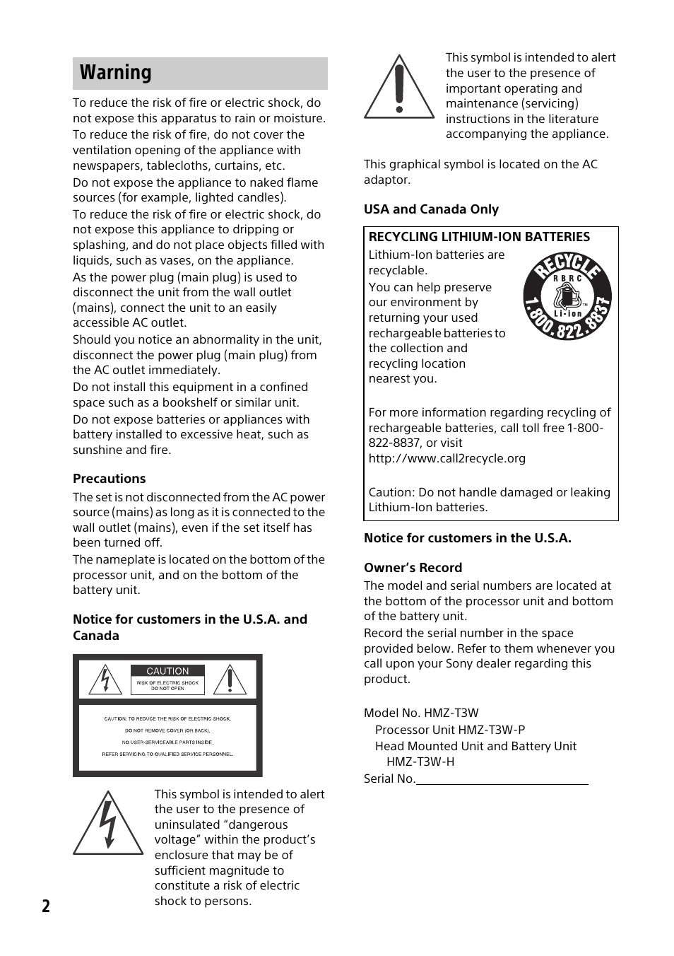 Warning | Sony HMZ-T3W User Manual | Page 2 / 52