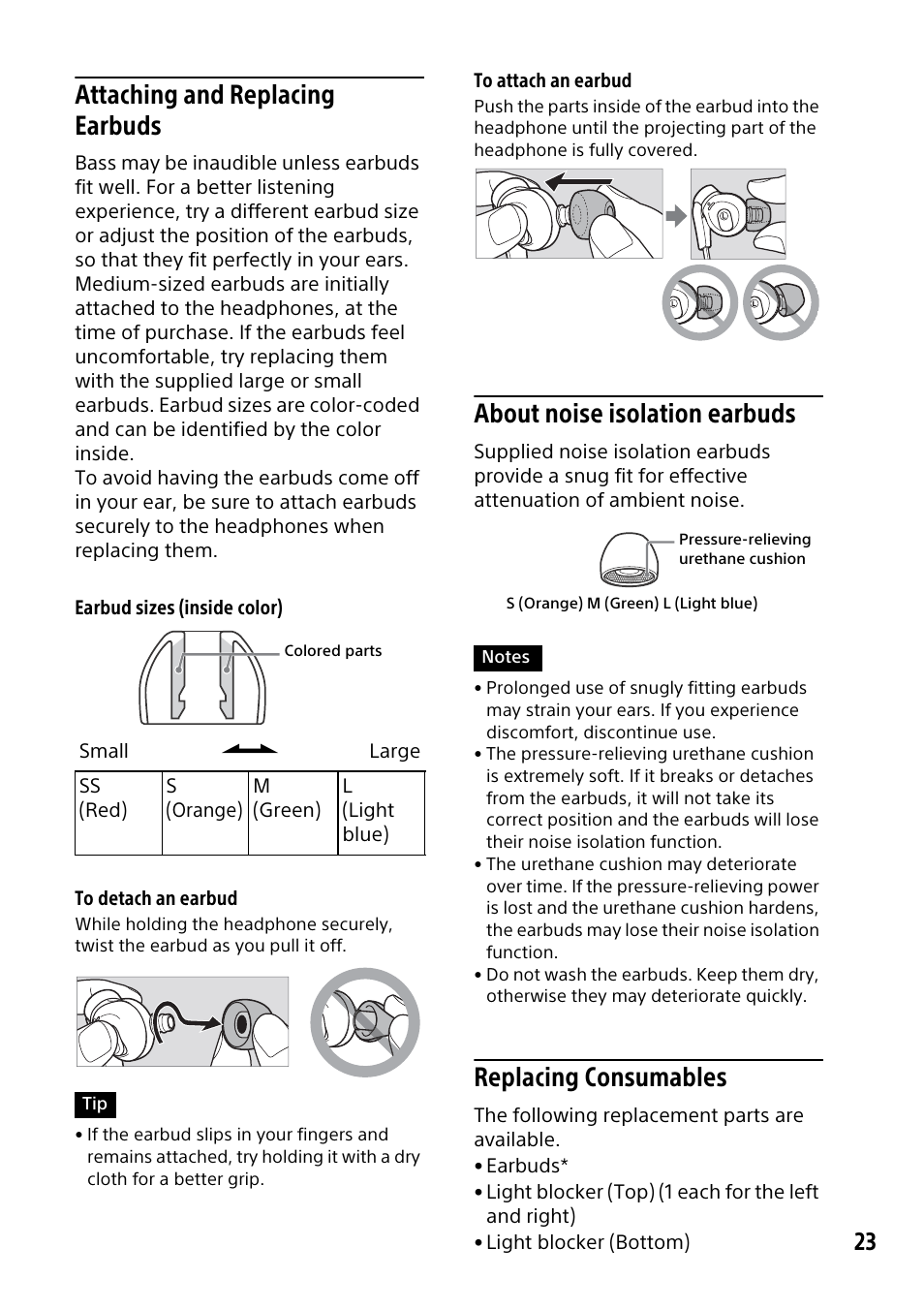 Attaching and replacing earbuds, About noise isolation earbuds, Replacing consumables | Sony HMZ-T3W User Manual | Page 23 / 52