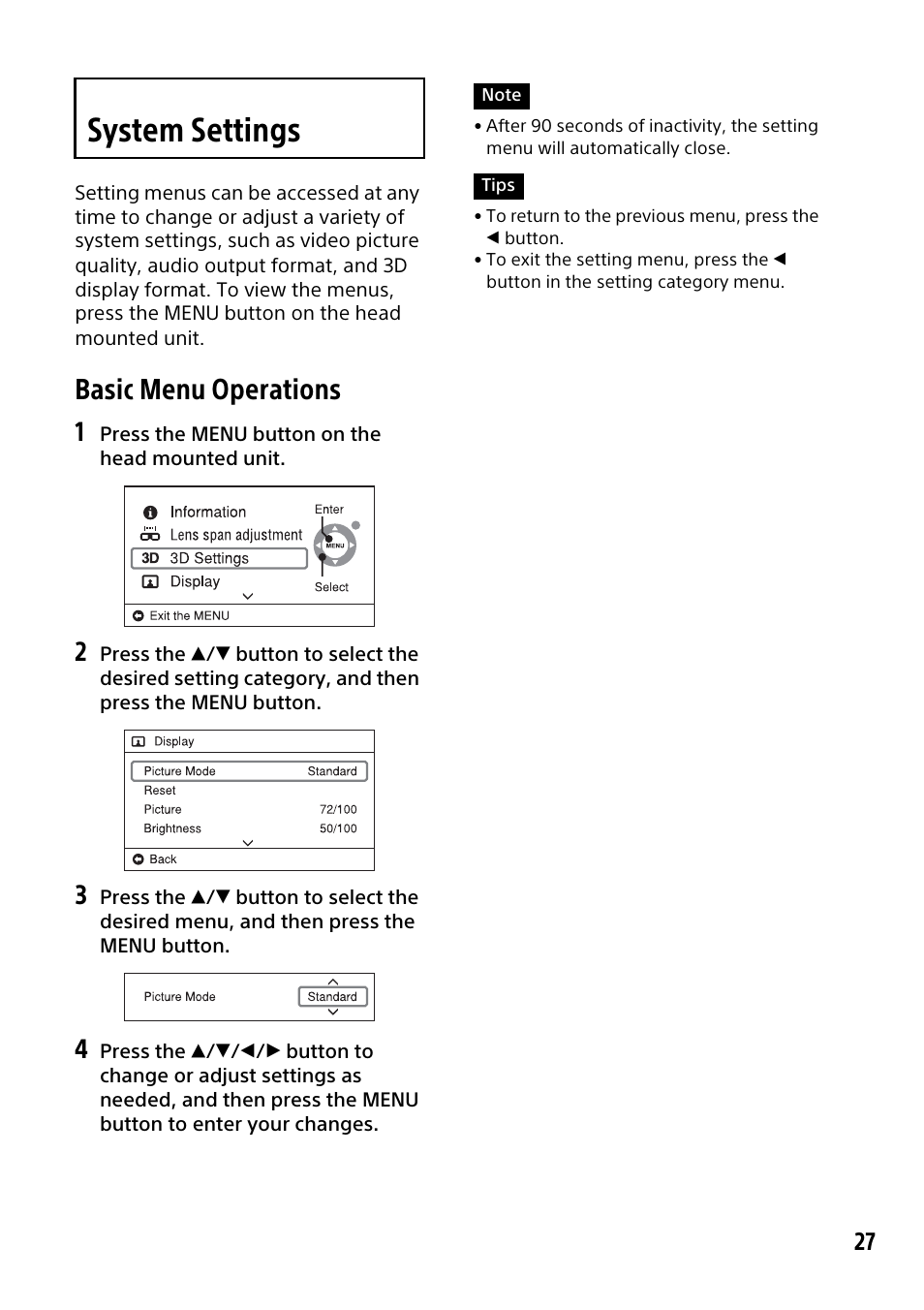 System settings, Basic menu operations | Sony HMZ-T3W User Manual | Page 27 / 52