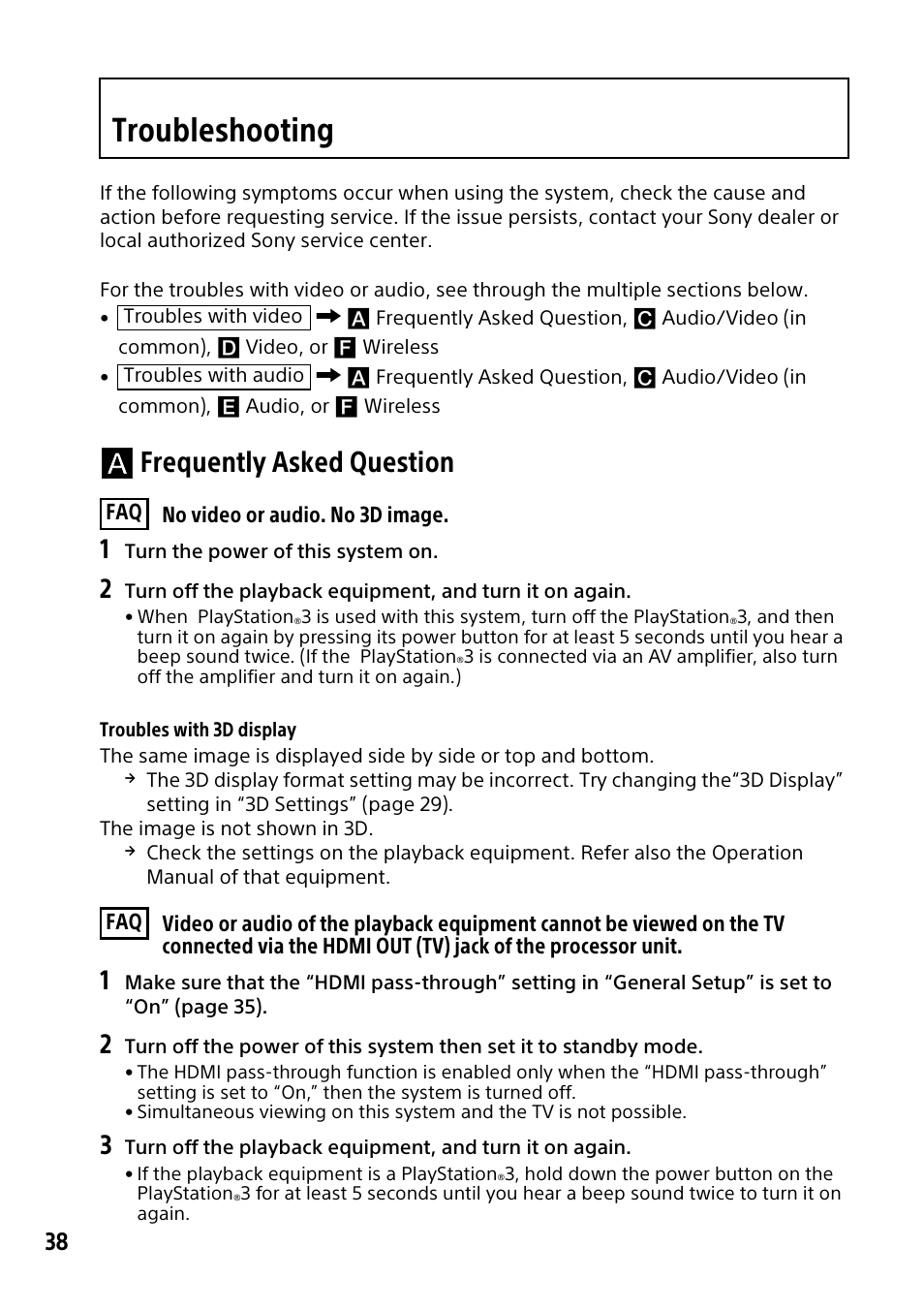 Troubleshooting, Frequently asked question | Sony HMZ-T3W User Manual | Page 38 / 52