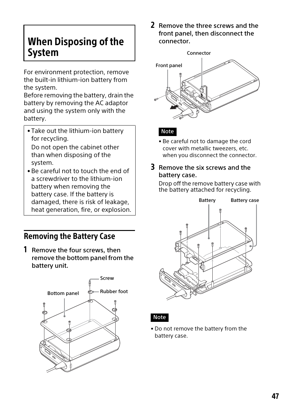 When disposing of the system, Removing the battery case 1 | Sony HMZ-T3W User Manual | Page 47 / 52