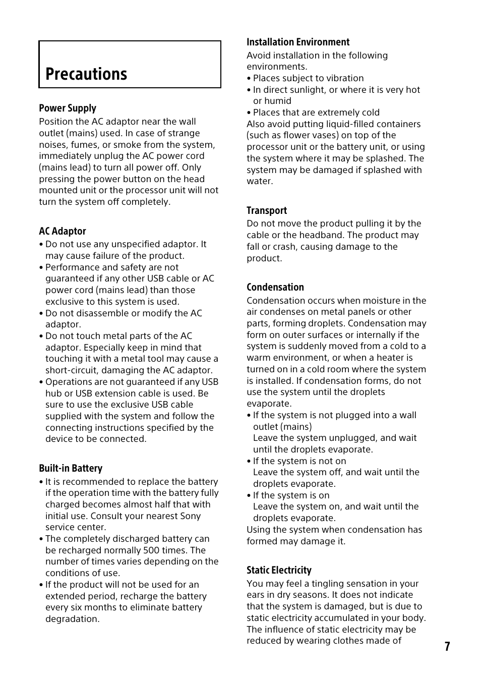 Precautions | Sony HMZ-T3W User Manual | Page 7 / 52