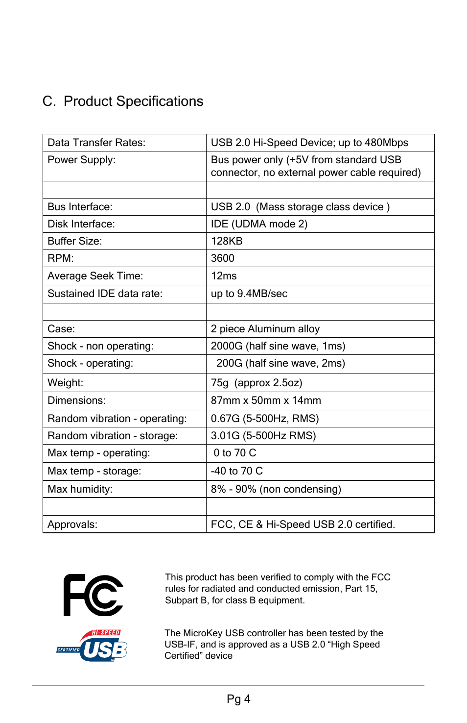 C. product specifications | Apricorn USB Storage Device User Manual | Page 6 / 22