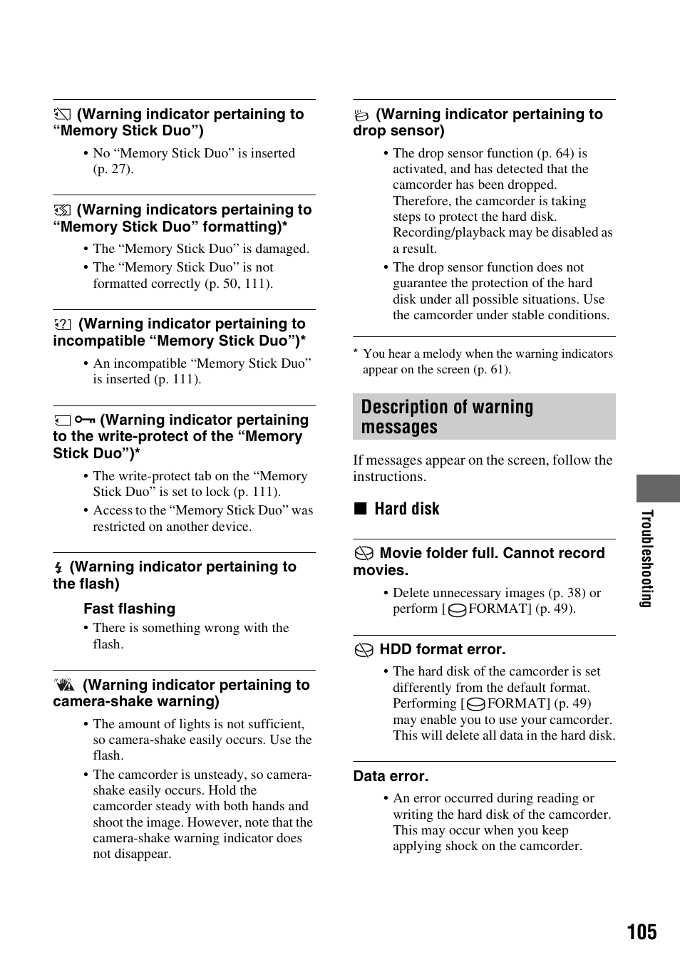 Description of warning messages | Sony DCR-SR300C User Manual | Page 105 / 131