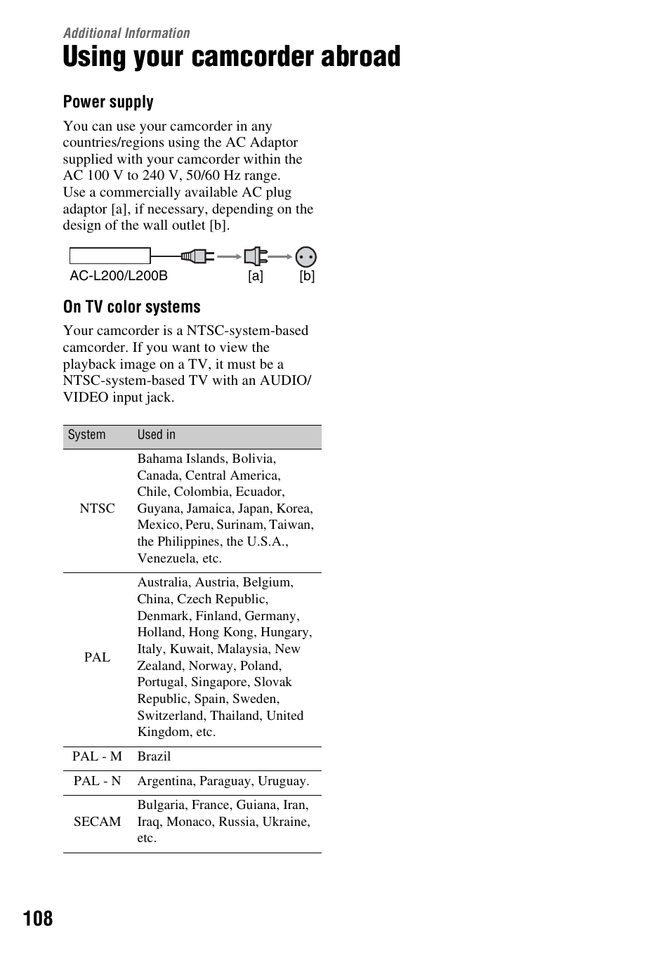 Additional information, Using your camcorder abroad | Sony DCR-SR300C User Manual | Page 108 / 131