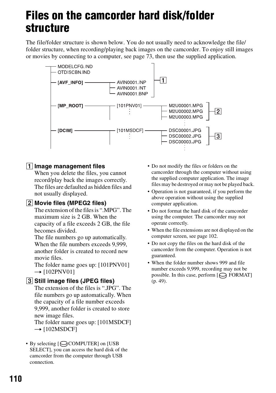 Files on the camcorder hard disk/folder structure, Files on the camcorder hard disk/ folder structure | Sony DCR-SR300C User Manual | Page 110 / 131