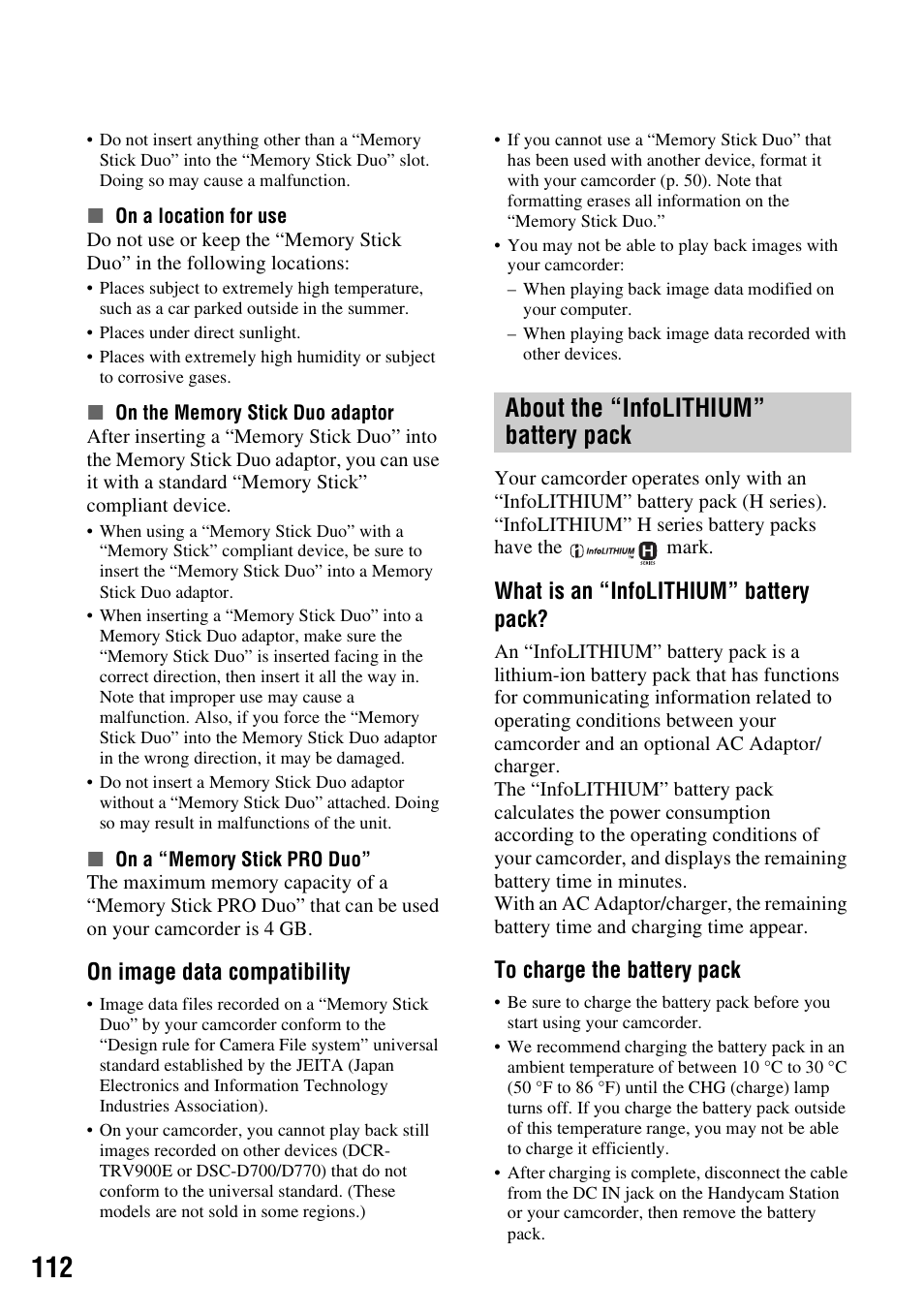 About the “infolithium” battery pack, On image data compatibility, What is an “infolithium” battery pack | Sony DCR-SR300C User Manual | Page 112 / 131