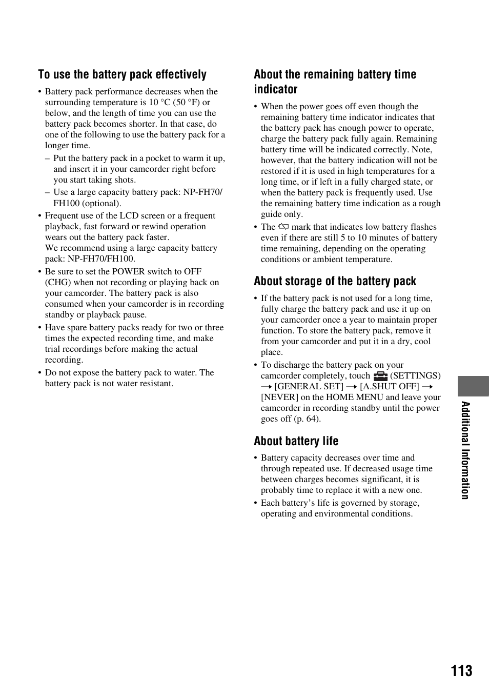 About the remaining battery time indicator, About storage of the battery pack, About battery life | Sony DCR-SR300C User Manual | Page 113 / 131