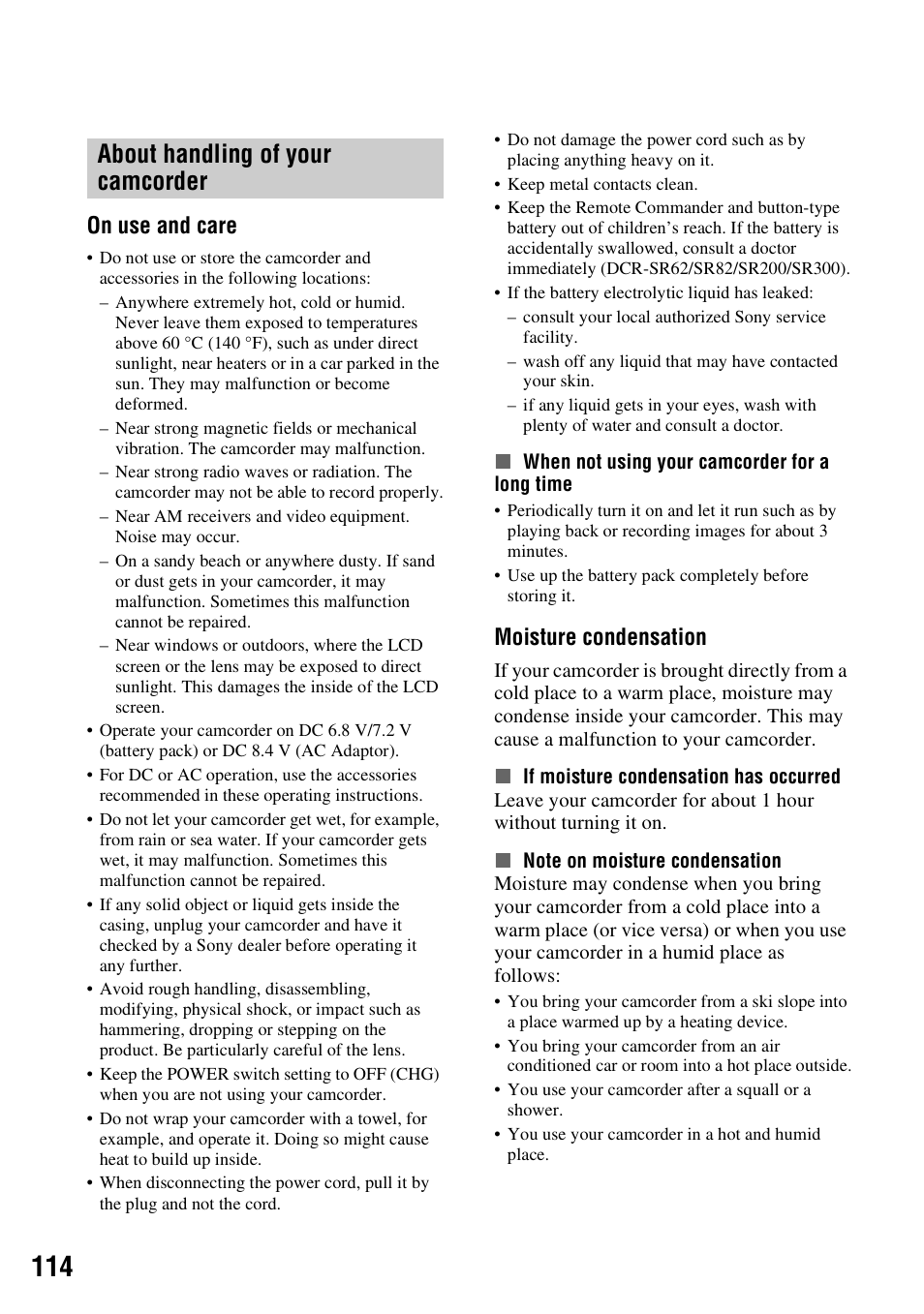 About handling of your camcorder, P. 114), On use and care | Moisture condensation | Sony DCR-SR300C User Manual | Page 114 / 131