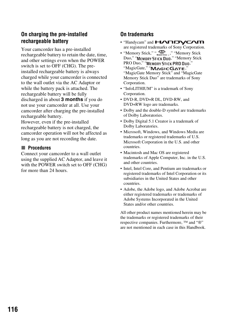 N (p. 116), On charging the pre-installed rechargeable battery, On trademarks | Sony DCR-SR300C User Manual | Page 116 / 131