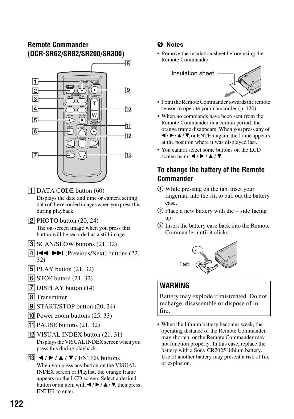 P. 122), Warning | Sony DCR-SR300C User Manual | Page 122 / 131