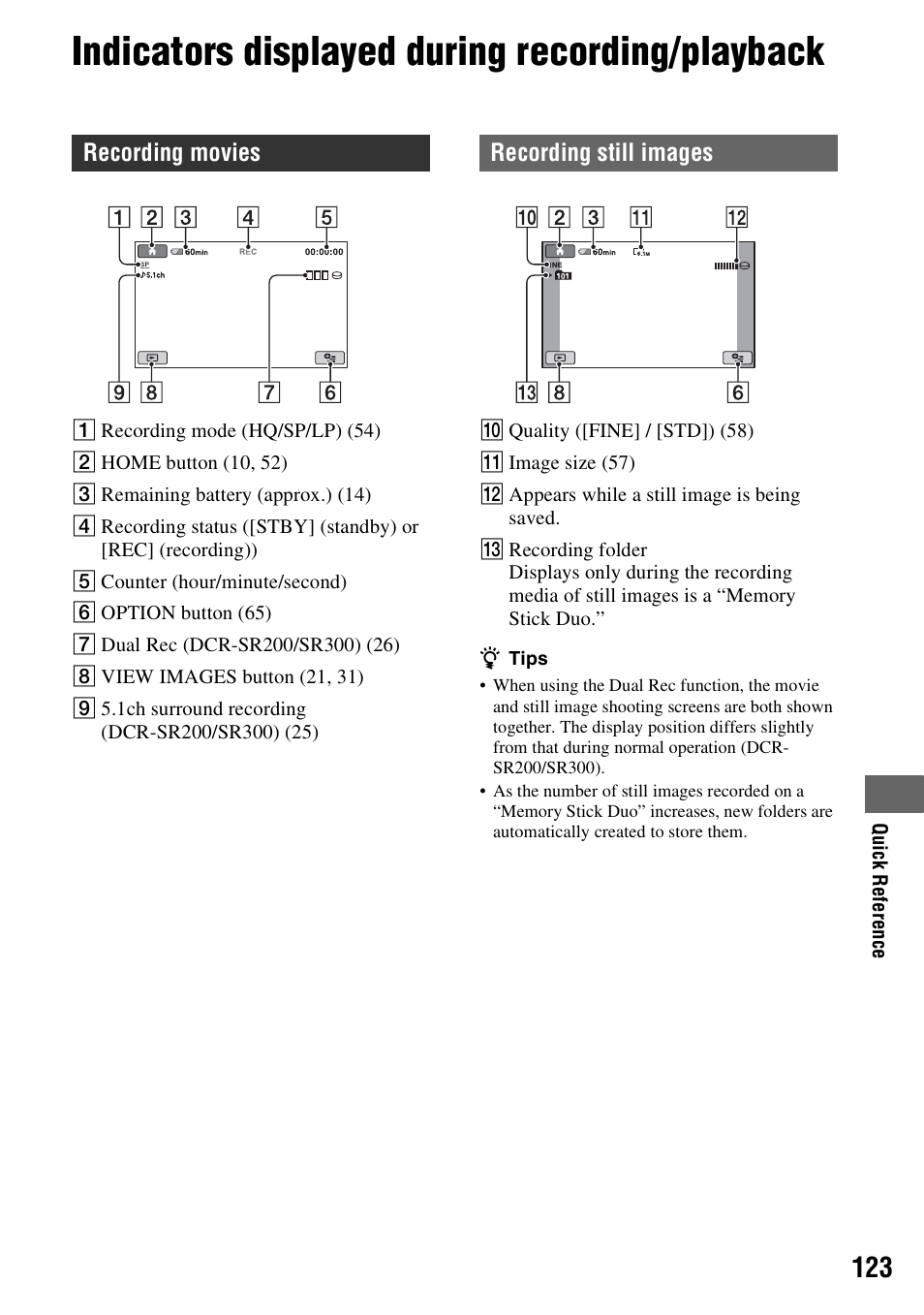 Indicators displayed during recording/playback | Sony DCR-SR300C User Manual | Page 123 / 131