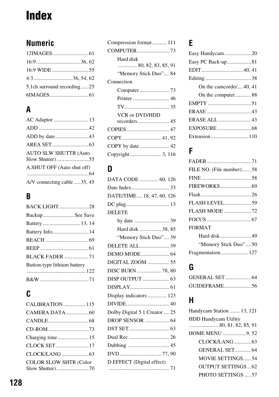 Index, Numeric | Sony DCR-SR300C User Manual | Page 128 / 131