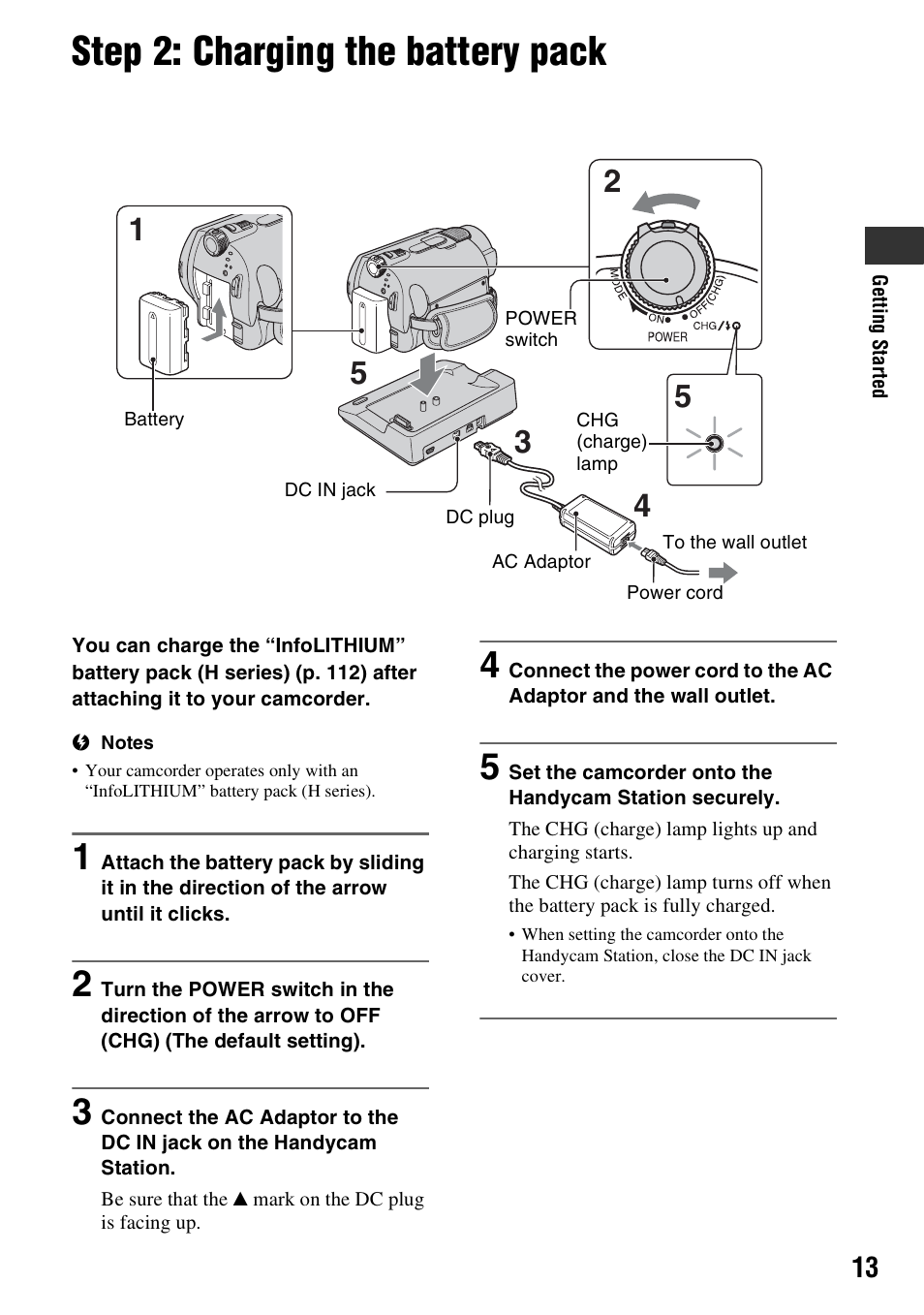 Step 2: charging the battery pack, Step 2: charging the battery, Pack | R (1) (p. 13), Rd (1) (p. 13), P. 13), 0 (1) (p. 13 | Sony DCR-SR300C User Manual | Page 13 / 131