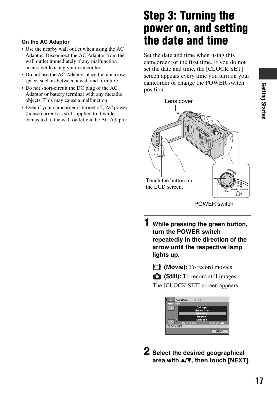 H (p. 17, Step 3: turning the power on, and, Setting the date and time | Sony DCR-SR300C User Manual | Page 17 / 131