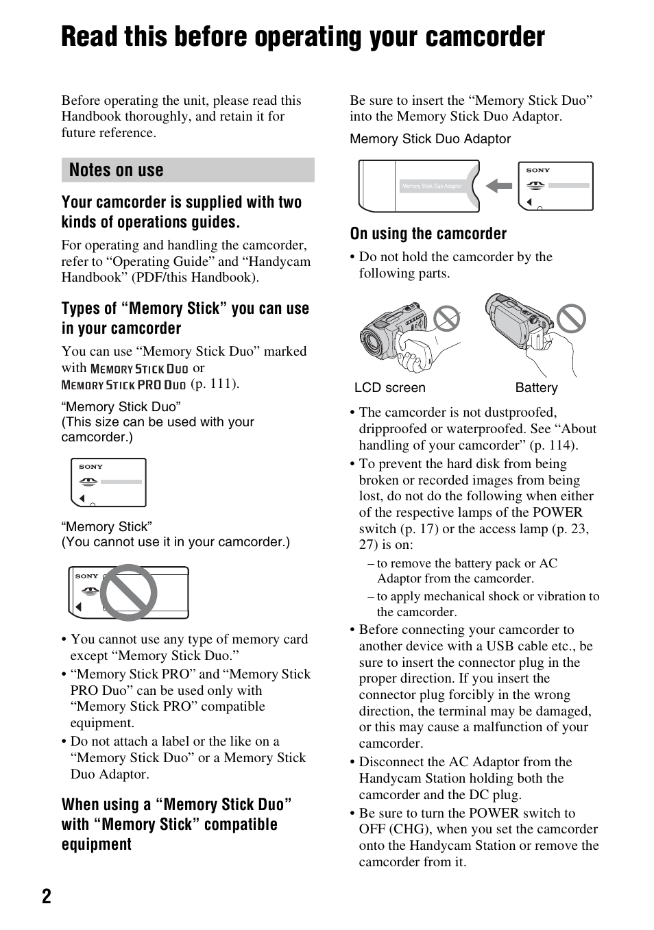Read this before operating your camcorder | Sony DCR-SR300C User Manual | Page 2 / 131