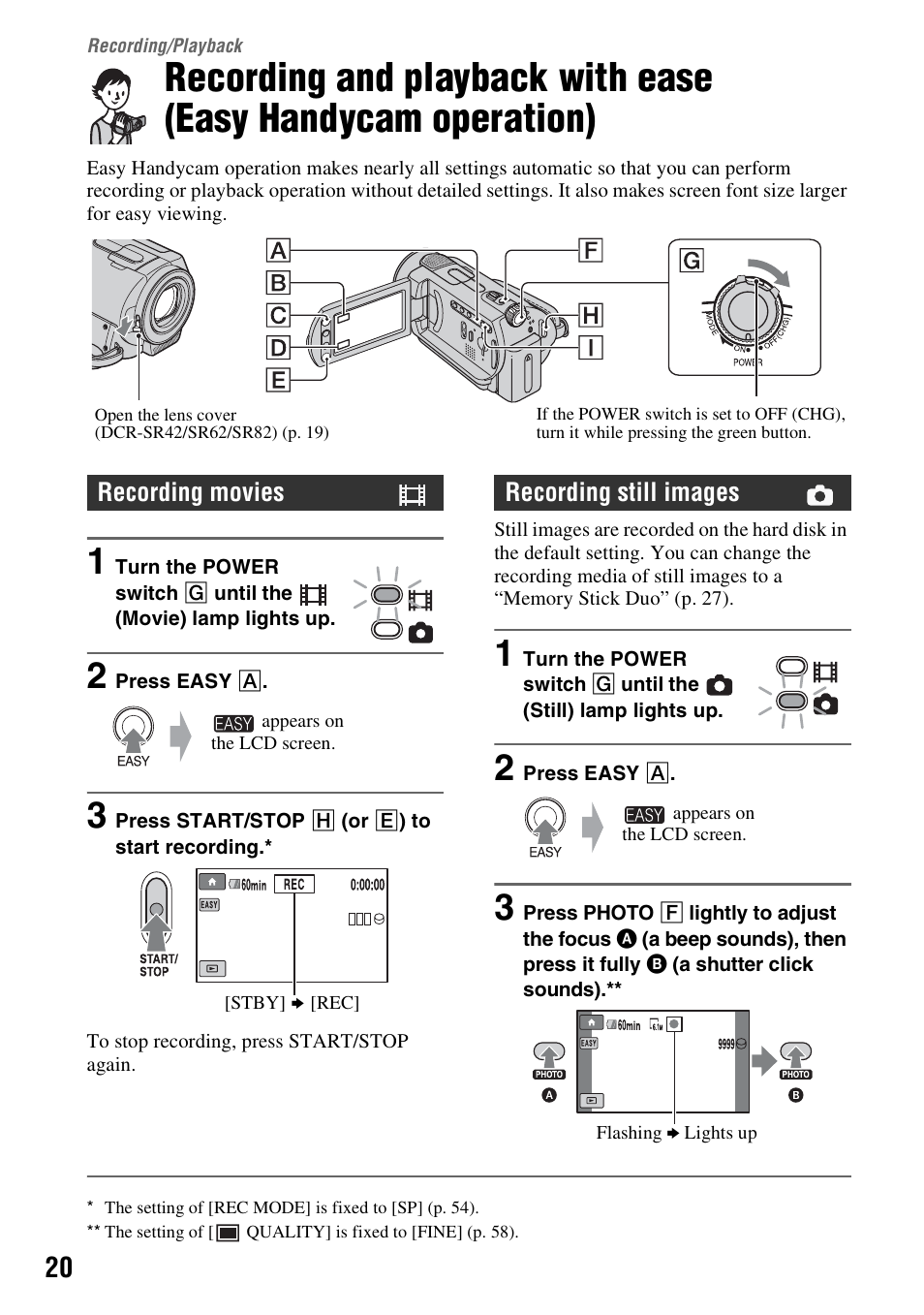 Recording/playback, On (p. 20) | Sony DCR-SR300C User Manual | Page 20 / 131