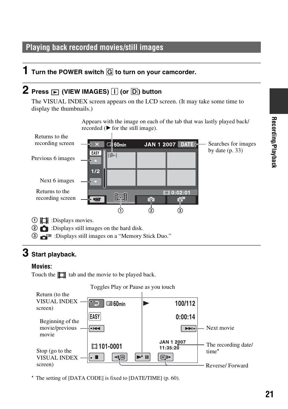 Playing back recorded movies/still images | Sony DCR-SR300C User Manual | Page 21 / 131