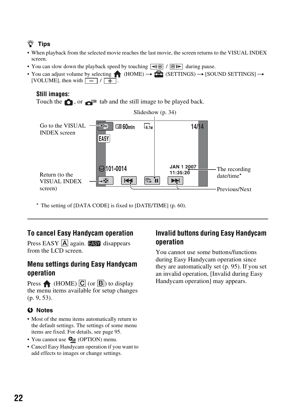 Menu settings during easy handycam operation, Invalid buttons during easy handycam operation | Sony DCR-SR300C User Manual | Page 22 / 131