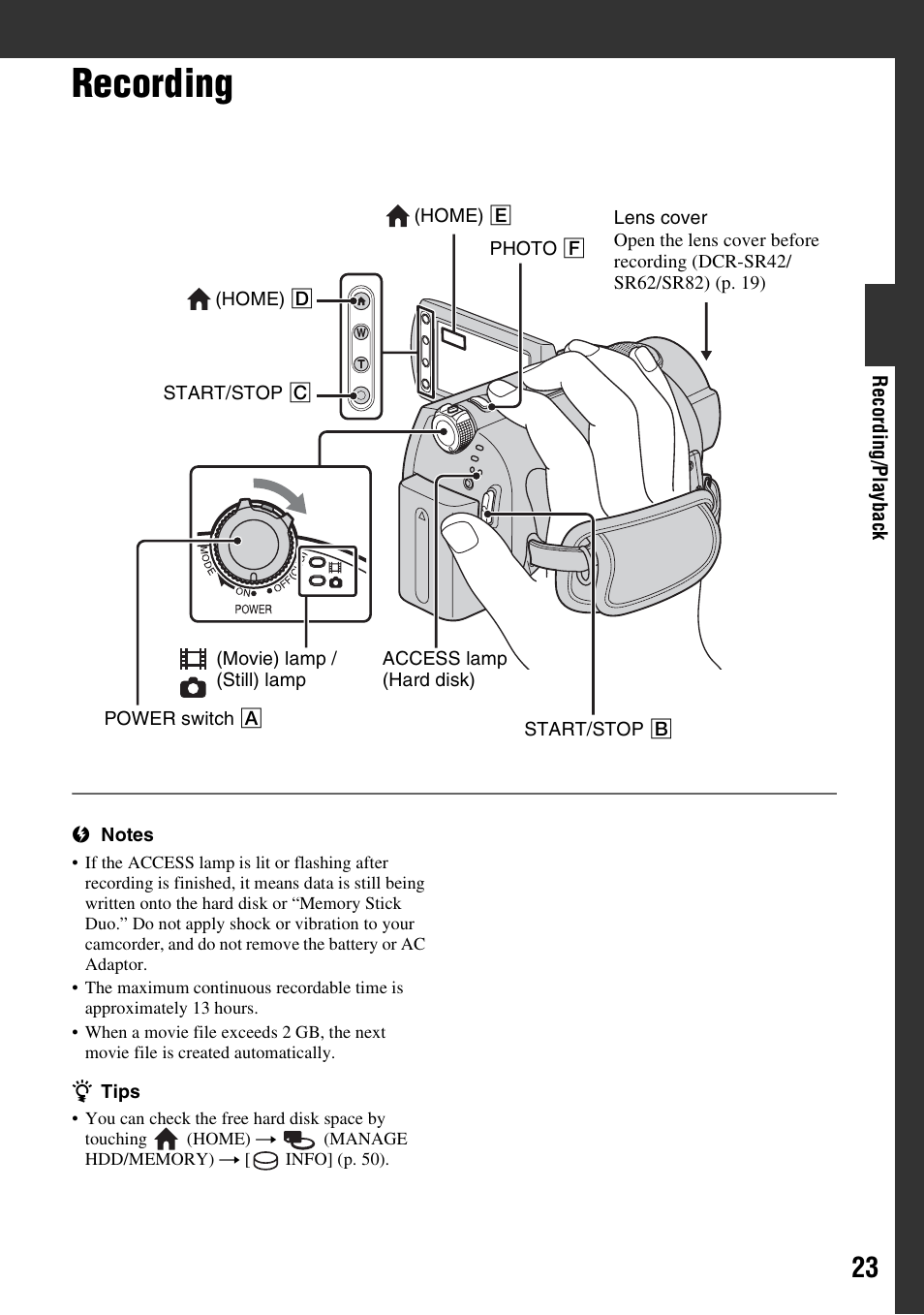 Recording, P. 23, P. 23) | Sony DCR-SR300C User Manual | Page 23 / 131