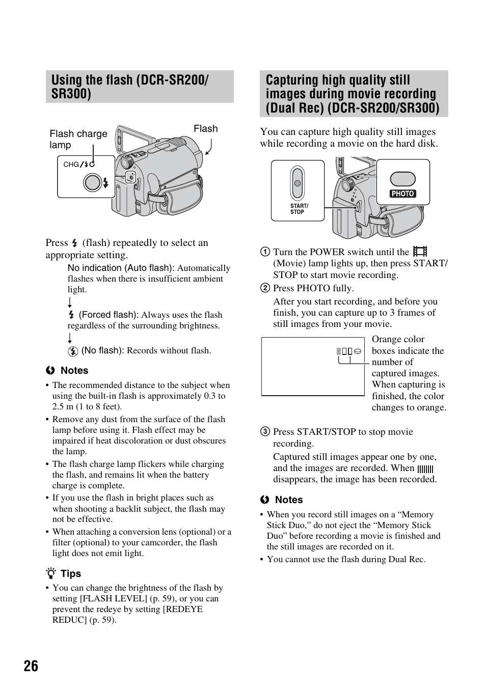 Using the flash (dcr-sr200/ sr300) | Sony DCR-SR300C User Manual | Page 26 / 131
