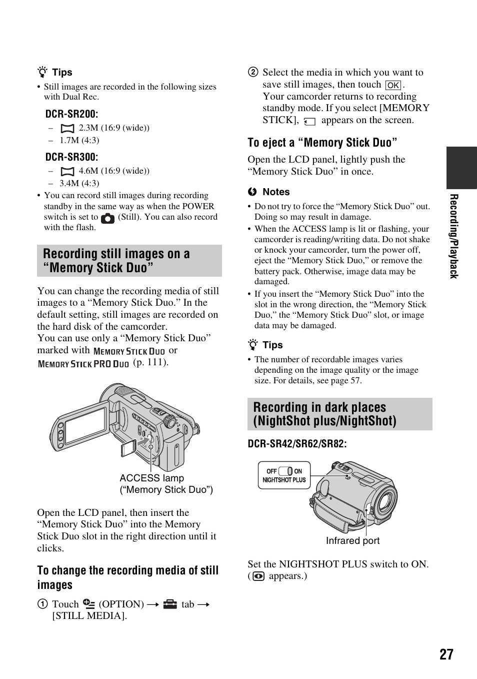 Recording still images on a “memory stick duo, 27) i, P. 27) | Sony DCR-SR300C User Manual | Page 27 / 131