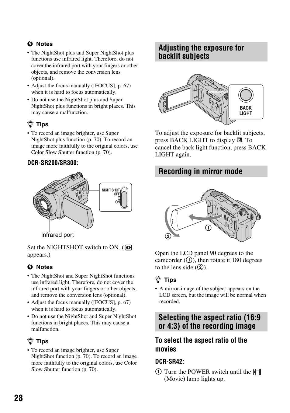 Adjusting the exposure for backlit subjects, Recording in mirror mode | Sony DCR-SR300C User Manual | Page 28 / 131