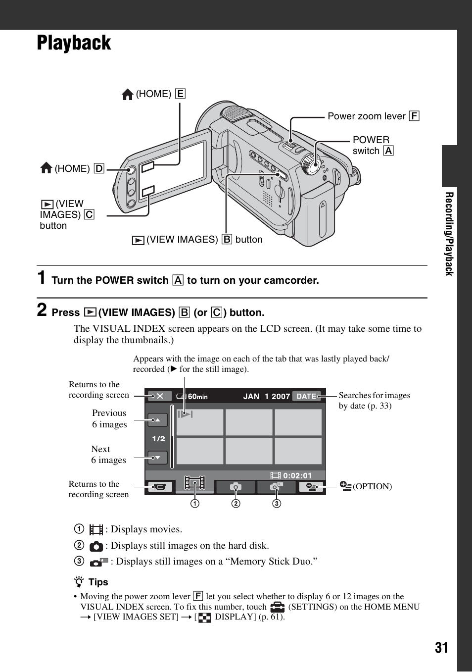 Playback, P. 31) | Sony DCR-SR300C User Manual | Page 31 / 131