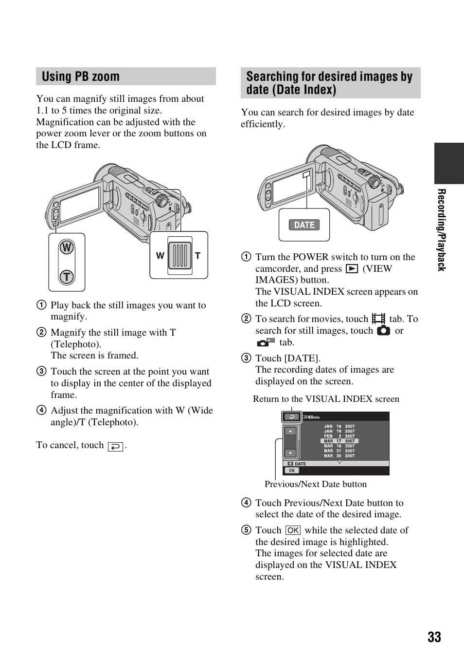 Using pb zoom, Searching for desired images by date (date index) | Sony DCR-SR300C User Manual | Page 33 / 131