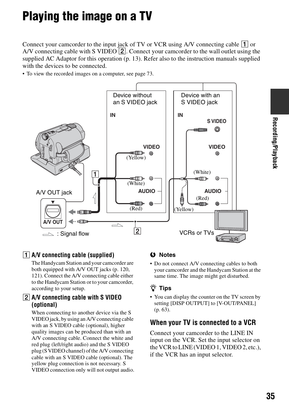 Playing the image on a tv, P. 35, When your tv is connected to a vcr | Sony DCR-SR300C User Manual | Page 35 / 131