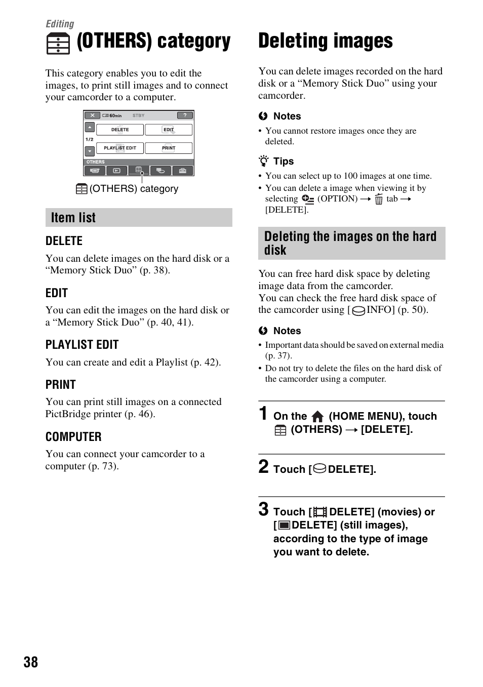 Editing, Others) category, Deleting images | P. 38), Item list, Deleting the images on the hard disk | Sony DCR-SR300C User Manual | Page 38 / 131