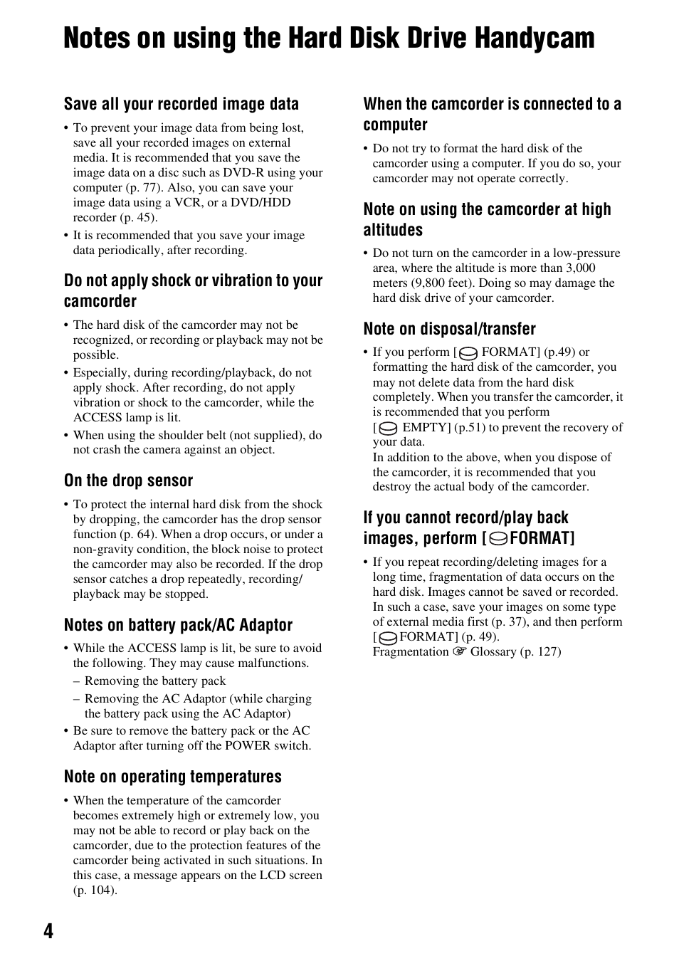 Notes on using the hard disk drive handycam | Sony DCR-SR300C User Manual | Page 4 / 131