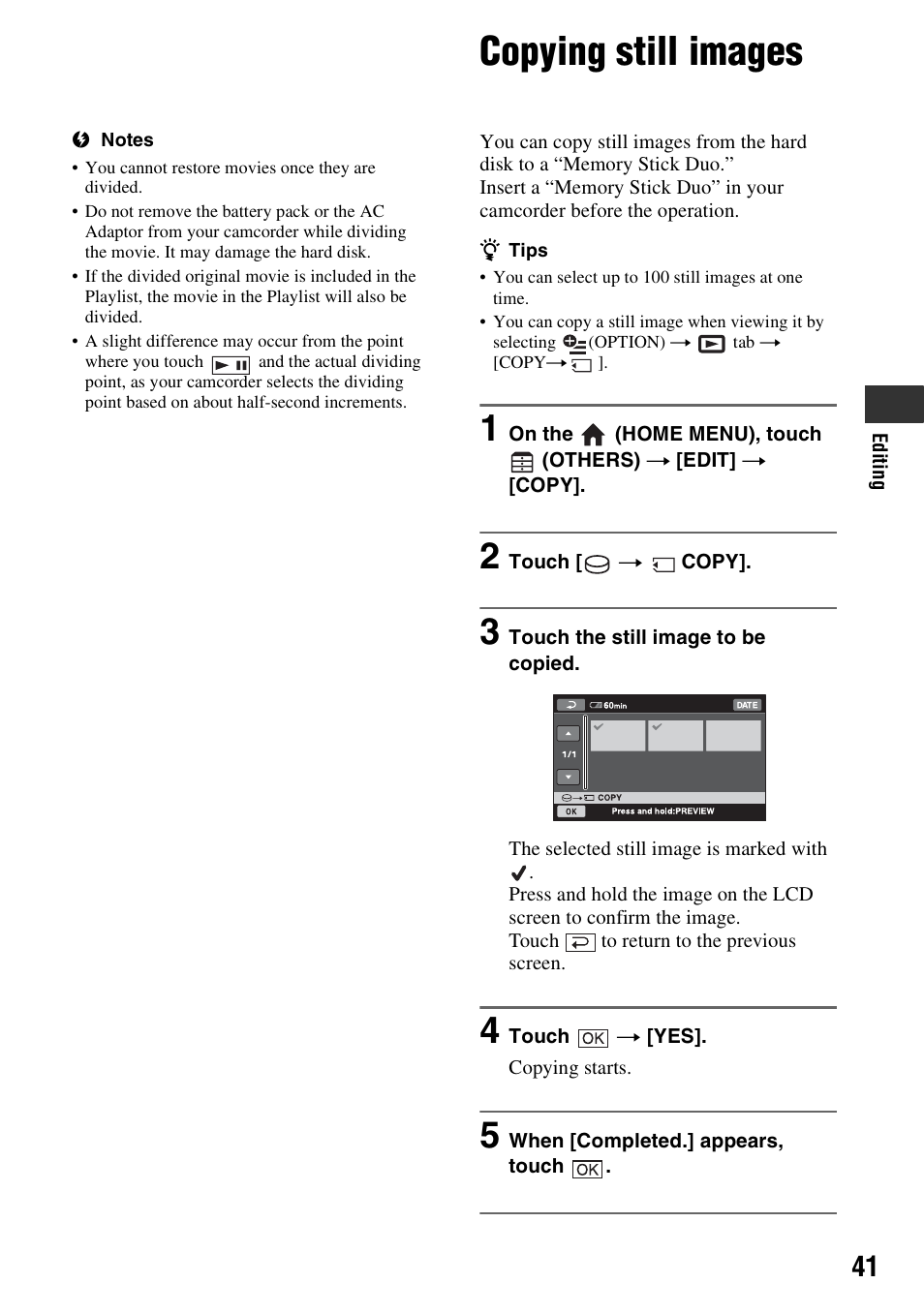 Copying still images | Sony DCR-SR300C User Manual | Page 41 / 131