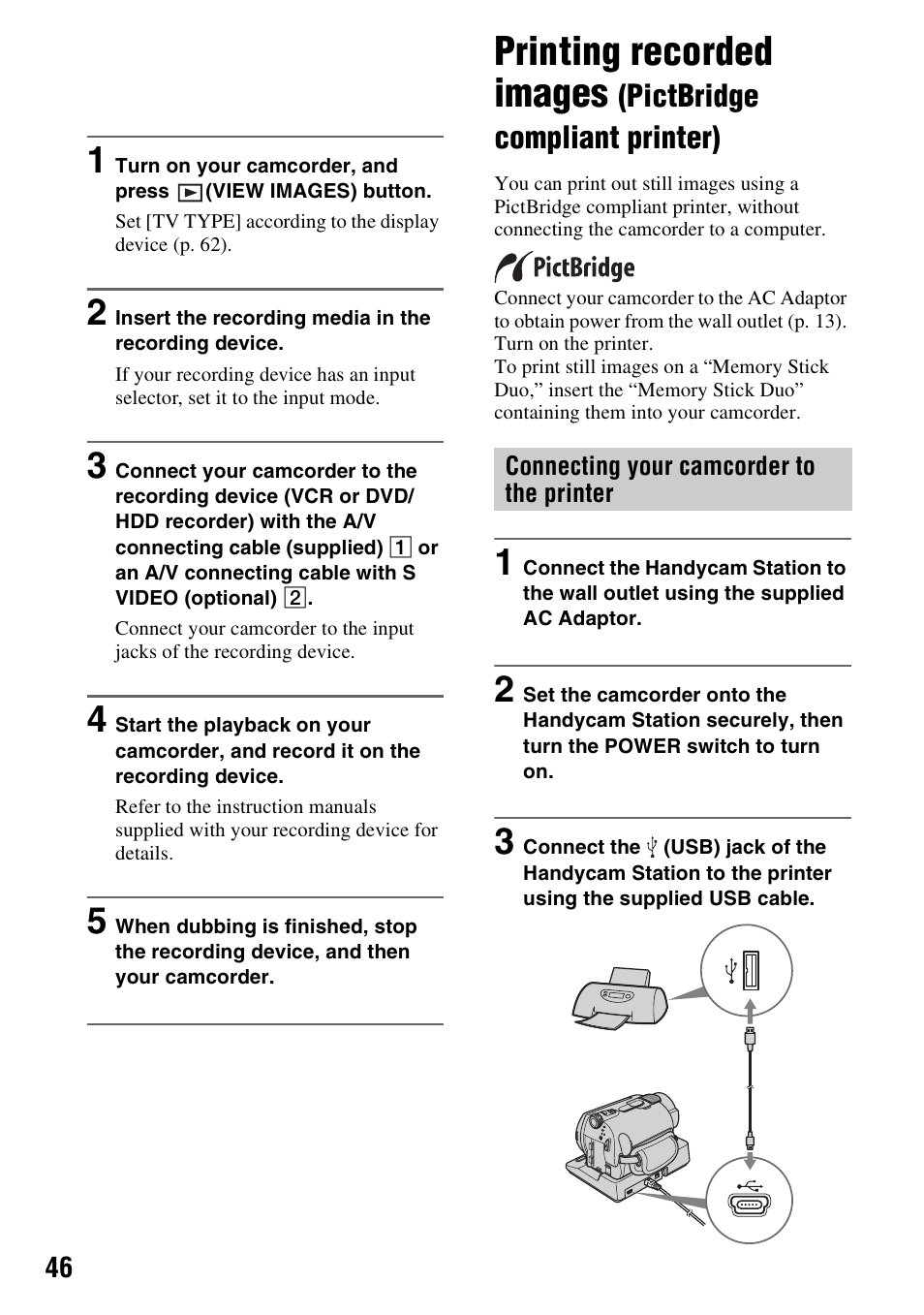 P. 46, Printing recorded images, Pictbridge compliant printer) | Sony DCR-SR300C User Manual | Page 46 / 131