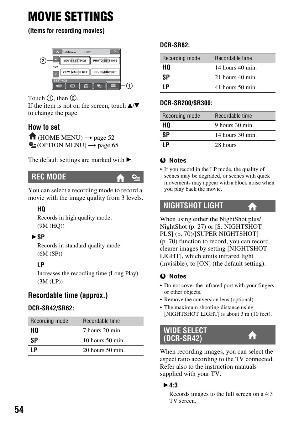 Movie settings, Items for recording movies), P. 54 | P. 54), Rec mode, Nightshot light wide select (dcr-sr42) | Sony DCR-SR300C User Manual | Page 54 / 131
