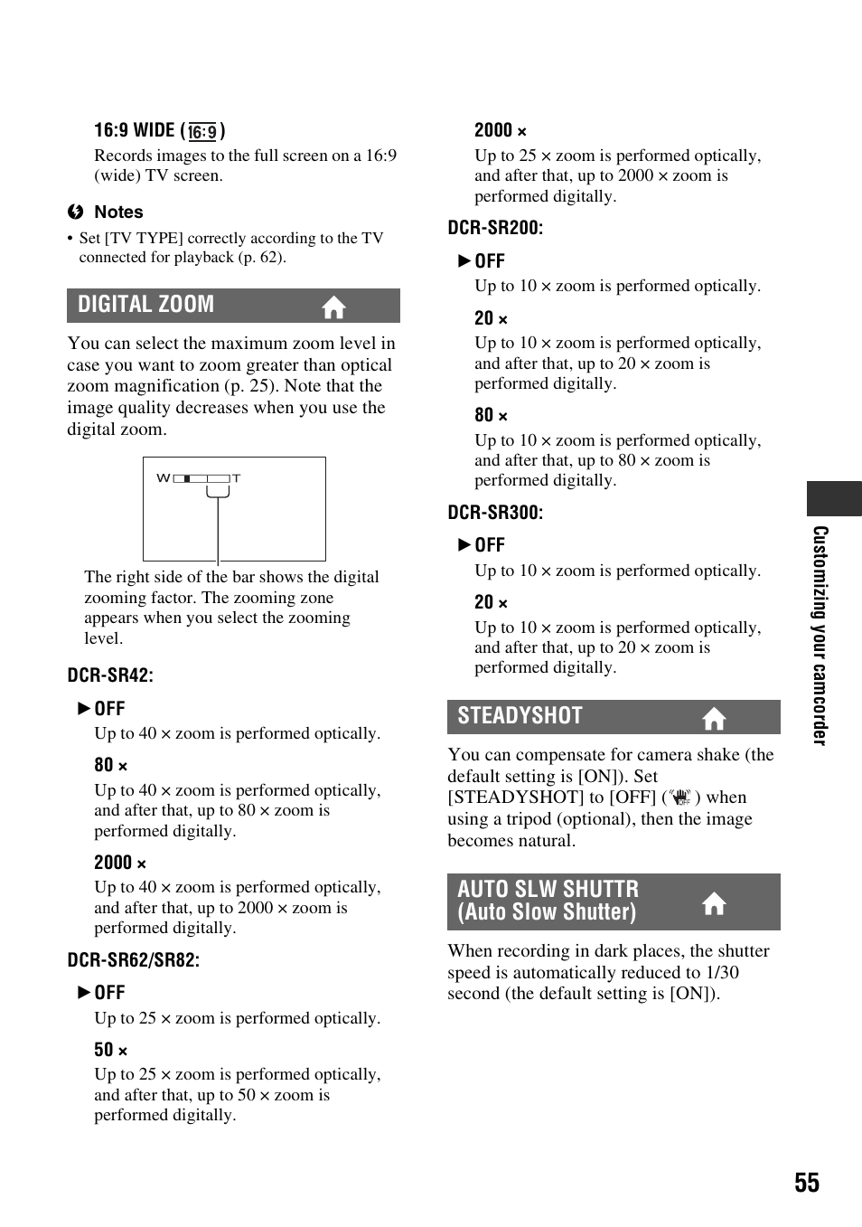 Digital zoom, Steadyshot auto slw shuttr (auto slow shutter) | Sony DCR-SR300C User Manual | Page 55 / 131