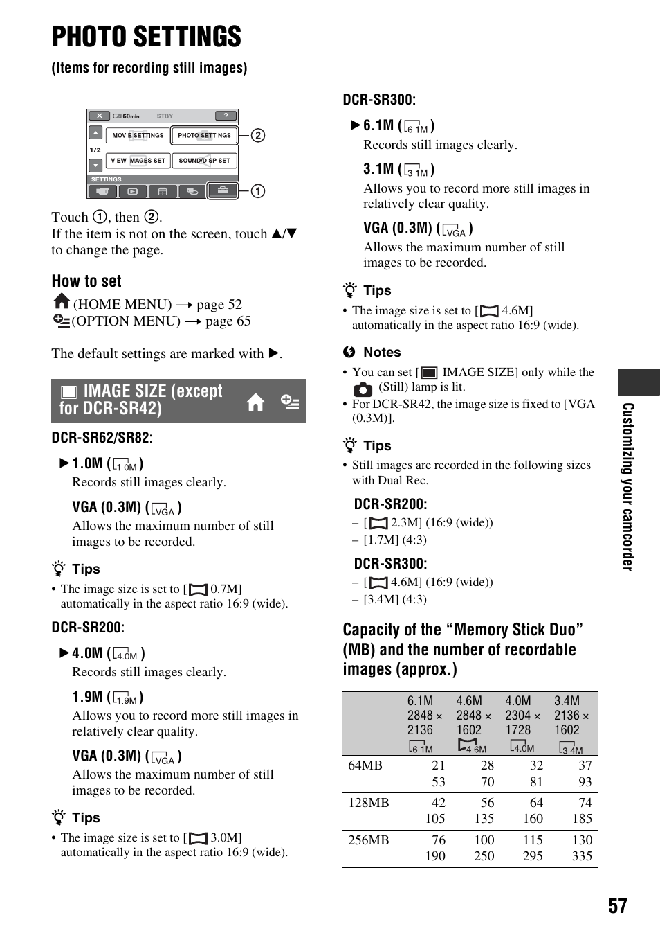 Photo settings, Items for recording still images), P. 57) | Image size (except for dcr-sr42), How to set | Sony DCR-SR300C User Manual | Page 57 / 131