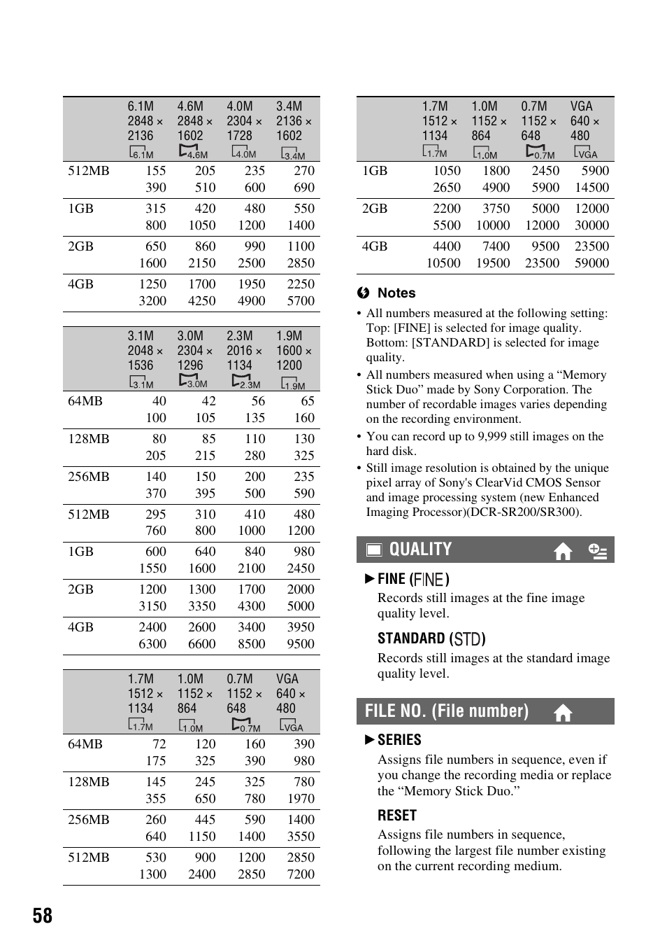 P. 58), Quality file no. (file number) | Sony DCR-SR300C User Manual | Page 58 / 131