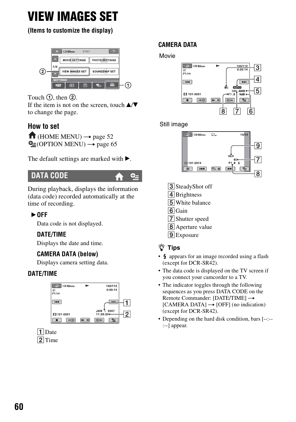 View images set, Items to customize the display), P. 60) | T (p. 60), Data code | Sony DCR-SR300C User Manual | Page 60 / 131